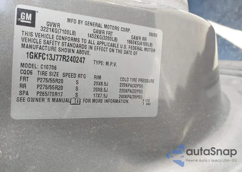 2007 GMC Yukon Slt from USA, damaged, VIN 1GKFC13J77R240247